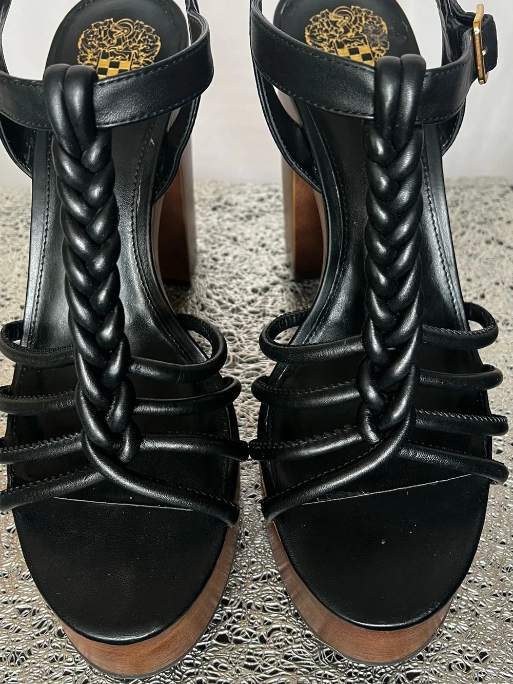 Vince Camuto Black Braided T-Strap Platform Sandal with Wood-Look Heel